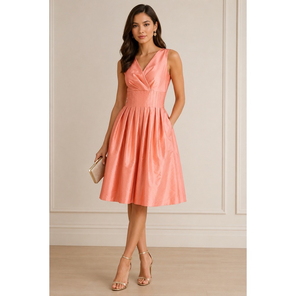 Eliza J Coral‎ Pink V Neck Sleeveless Pleated Midi Dress Women's Size 8